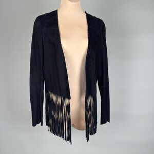 Zara Woman Black Suede Fringed Open Front Jacket‎